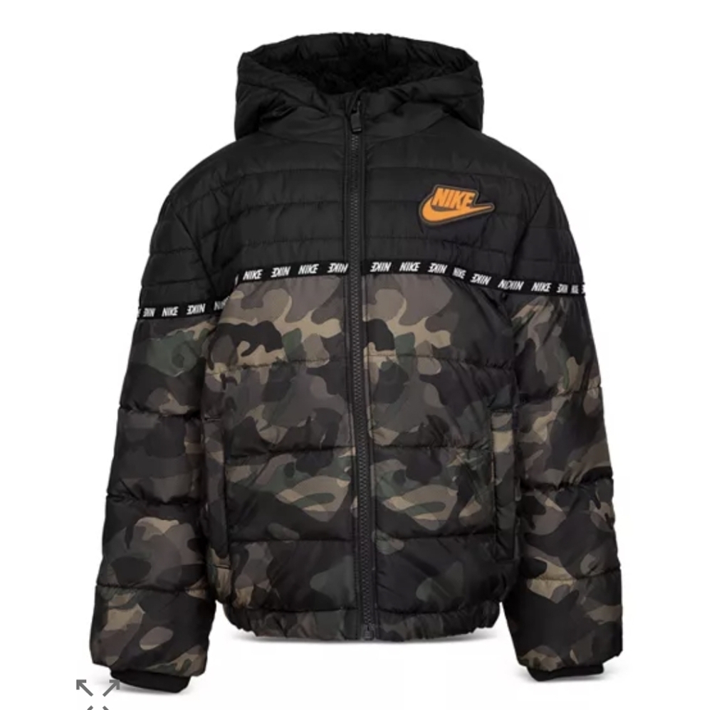Nike Black and Brown Puffer Camo Jacket,Boys SZ.7 FLEECE HOOD